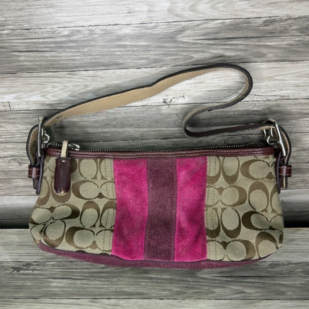 Vintage Y2K Coach Hampton Maroon Pink Suede Stripe Demi Baguette Shoulder Bag
